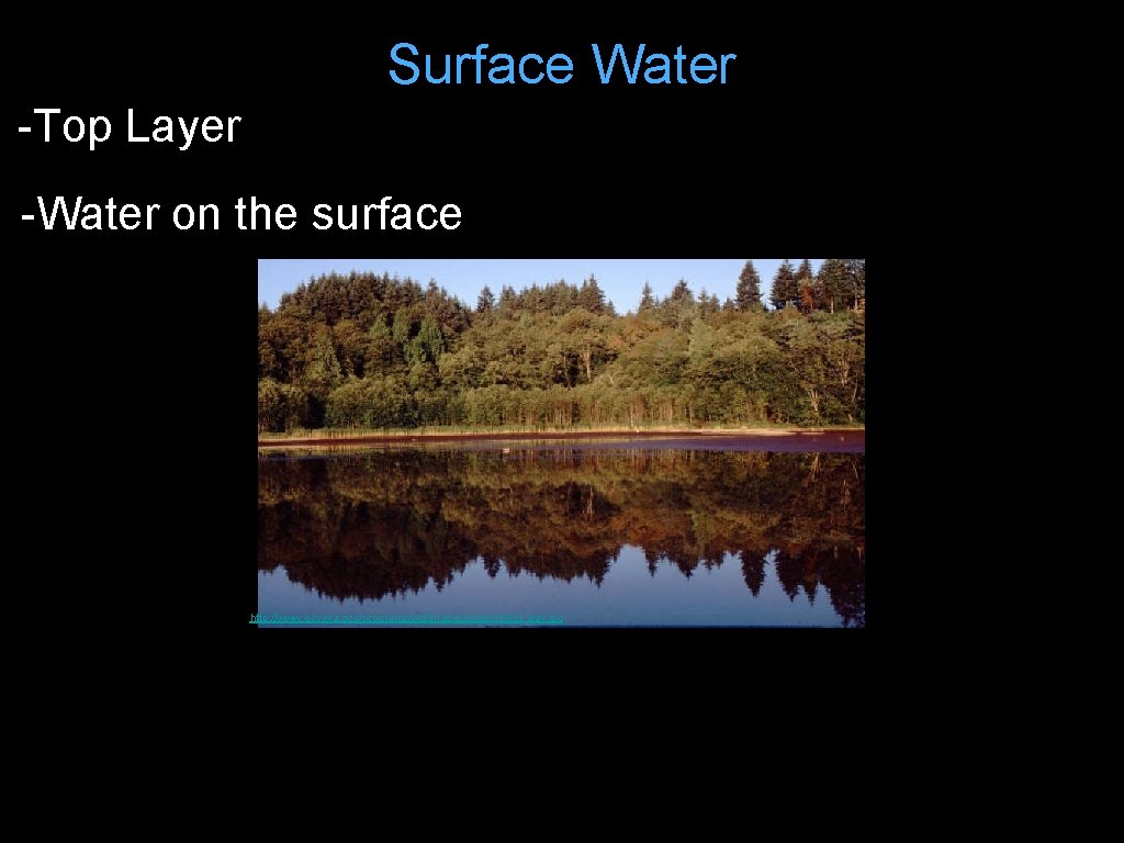 Surface Water -Top Layer -Water on the surface http: //www. ecy. wa. gov/programs/wq/images/swqs/forest_bay. jpg