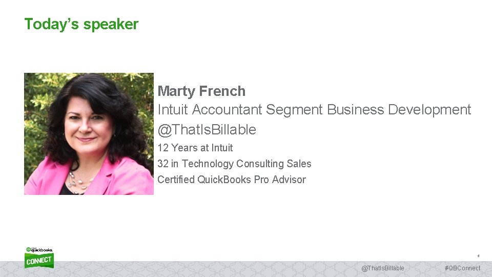 Today’s speaker Marty French Intuit Accountant Segment Business Development @That. Is. Billable 12 Years