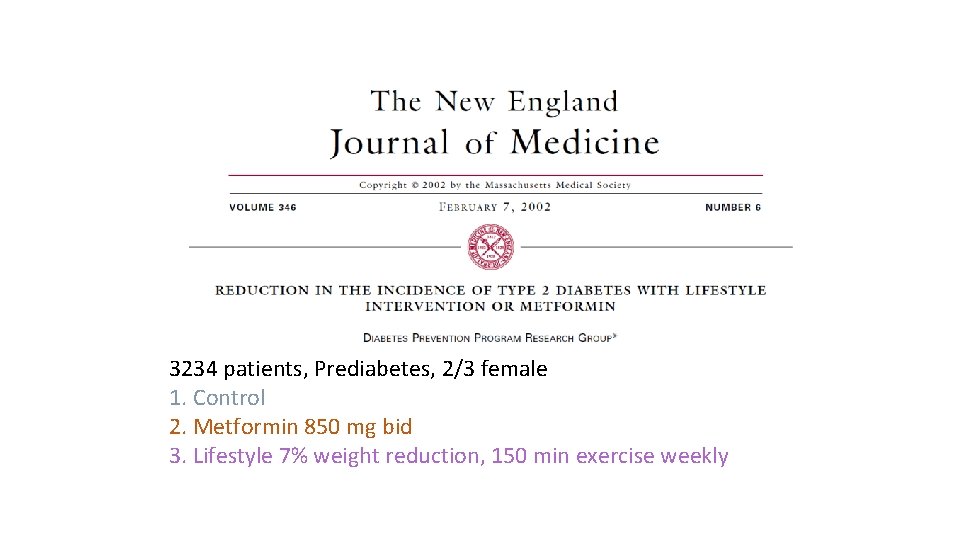 3234 patients, Prediabetes, 2/3 female 1. Control 2. Metformin 850 mg bid 3. Lifestyle