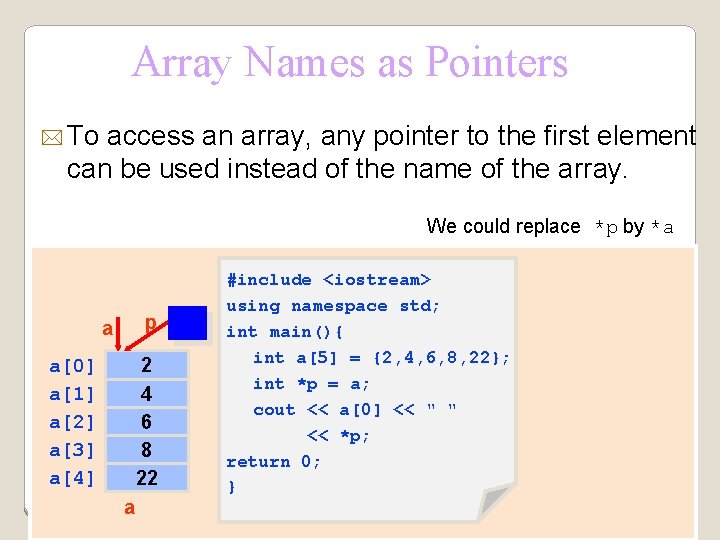 Array Names as Pointers * To access an array, any pointer to the first