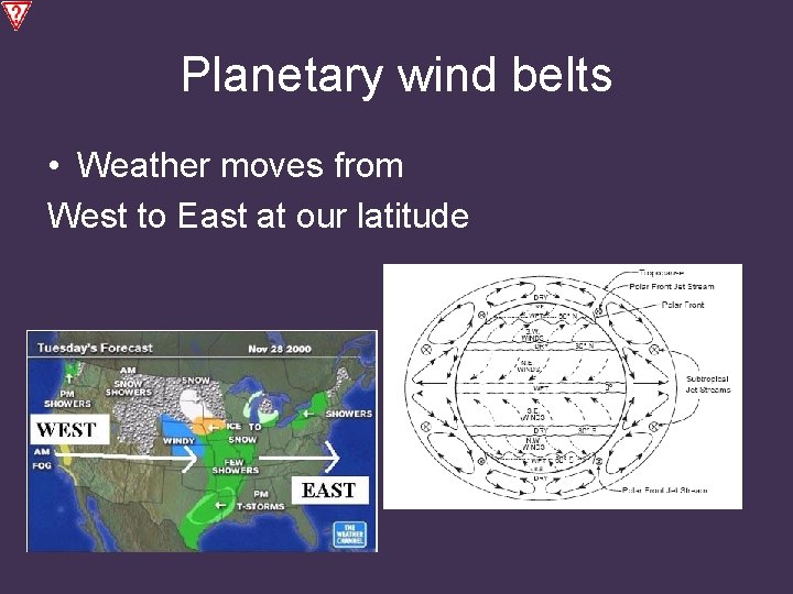 Planetary wind belts • Weather moves from West to East at our latitude 