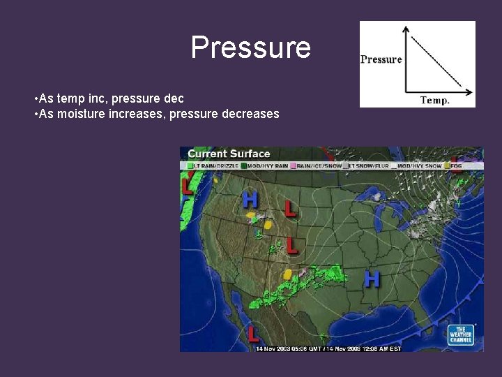 Pressure • As temp inc, pressure dec • As moisture increases, pressure decreases 