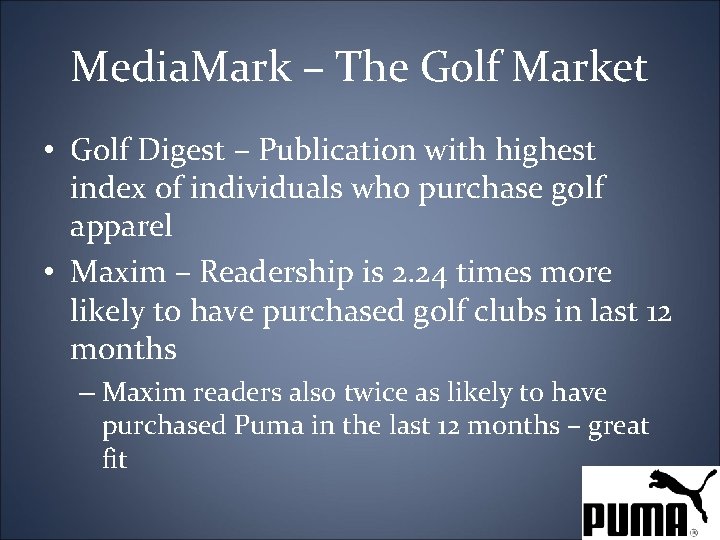 Media. Mark – The Golf Market • Golf Digest – Publication with highest index