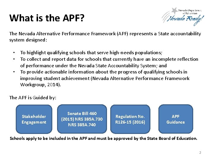 What is the APF? The Nevada Alternative Performance Framework (APF) represents a State accountability