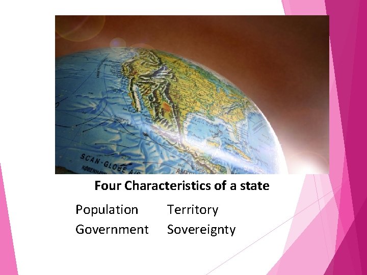 Four Characteristics of a state Population Government Territory Sovereignty 