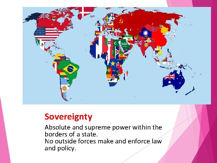 Sovereignty Absolute and supreme power within the borders of a state. No outside forces
