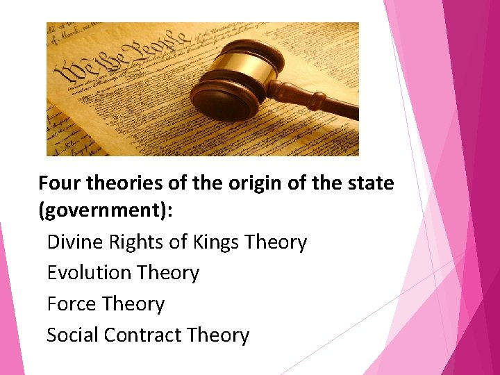 Four theories of the origin of the state (government): Divine Rights of Kings Theory