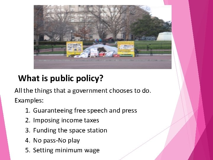 What is public policy? All the things that a government chooses to do. Examples: