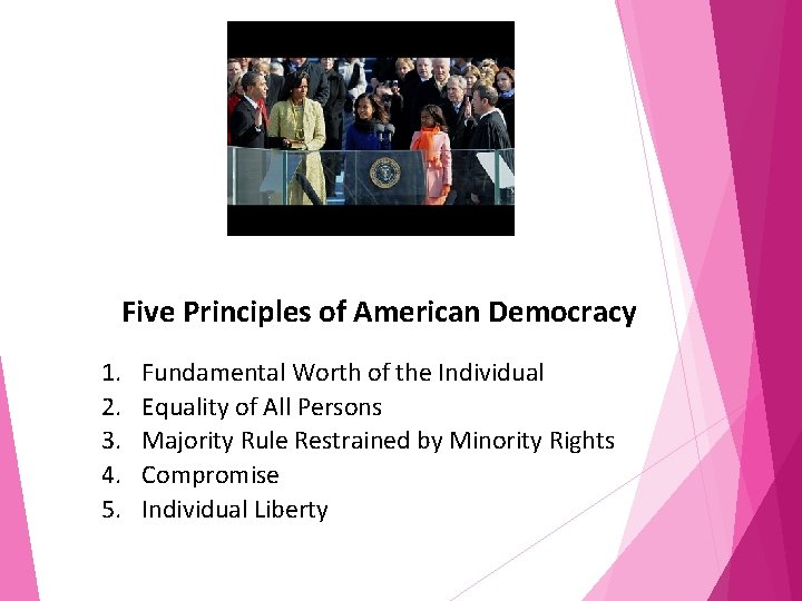 Five Principles of American Democracy 1. 2. 3. 4. 5. Fundamental Worth of the