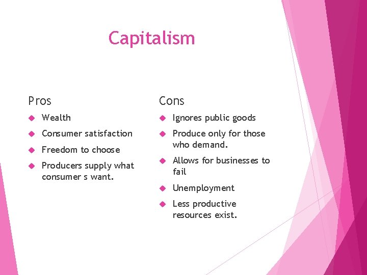 Capitalism Pros Cons Wealth Ignores public goods Consumer satisfaction Freedom to choose Produce only