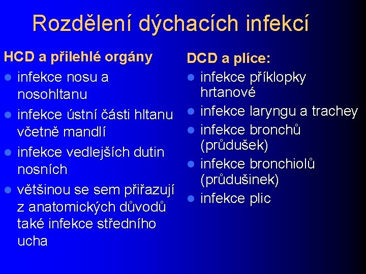 Rozdělení dýchacích infekcí HCD a přilehlé orgány l infekce nosu a nosohltanu l infekce