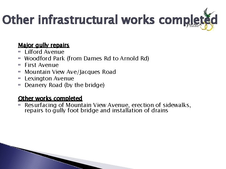 Other infrastructural works completed Major gully repairs Lilford Avenue Woodford Park (from Dames Rd