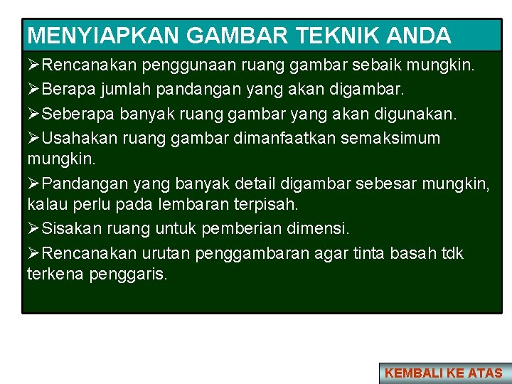 MENYIAPKAN GAMBAR TEKNIK ANDA ØRencanakan penggunaan ruang gambar sebaik mungkin. ØBerapa jumlah pandangan yang