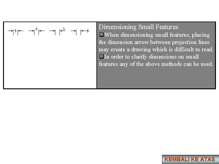 Dimensioning Small Features q. When dimensioning small features, placing the dimension arrow between projection