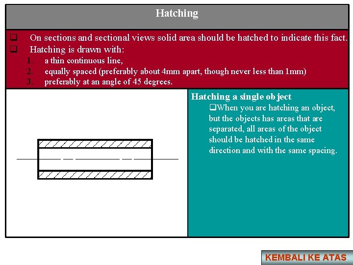 Hatching q q On sections and sectional views solid area should be hatched to