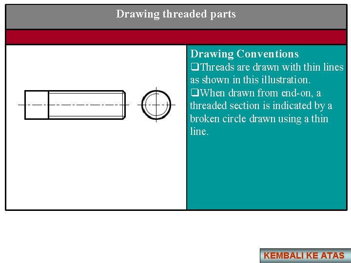 Drawing threaded parts Drawing Conventions q. Threads are drawn with thin lines as shown