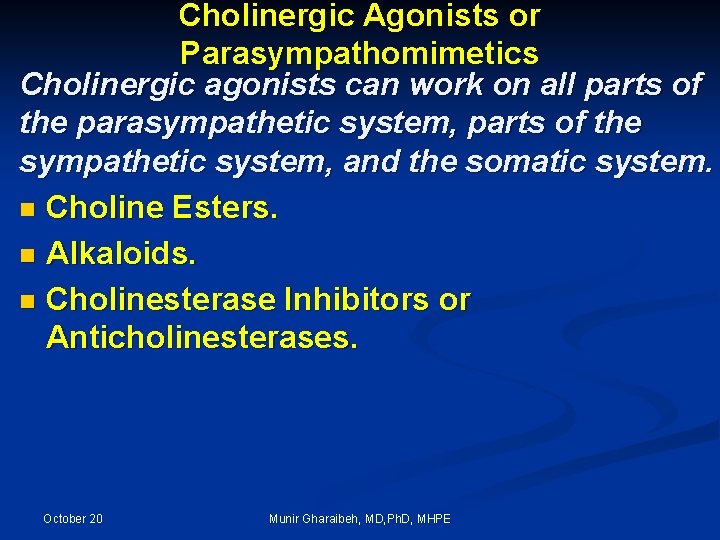 Cholinergic Agonists or Parasympathomimetics Cholinergic agonists can work on all parts of the parasympathetic