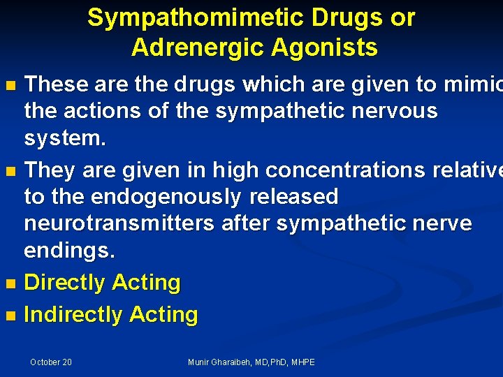 Sympathomimetic Drugs or Adrenergic Agonists These are the drugs which are given to mimic