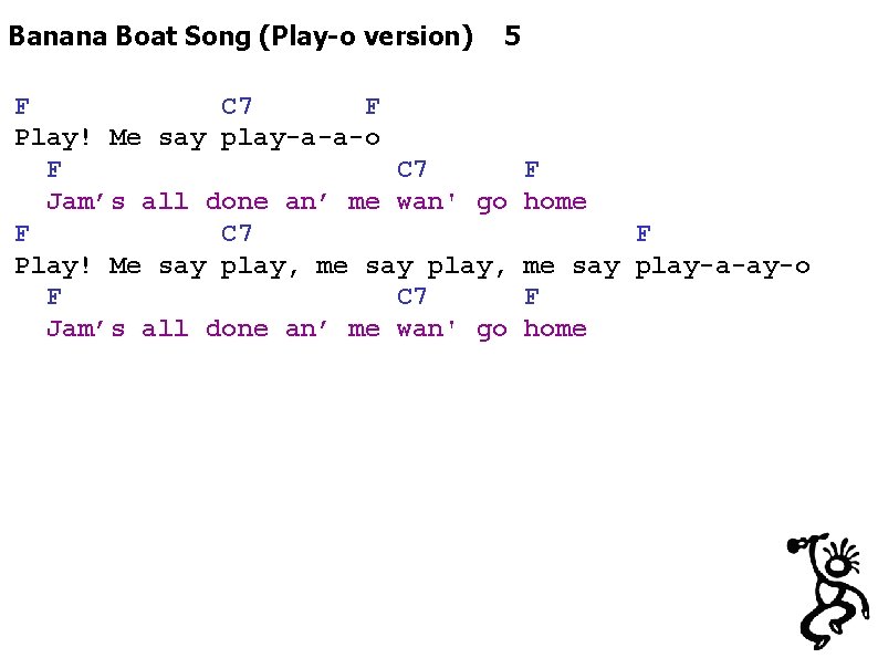 Banana Boat Song (Play-o version) 5 F C 7 F Play! Me say play-a-a-o