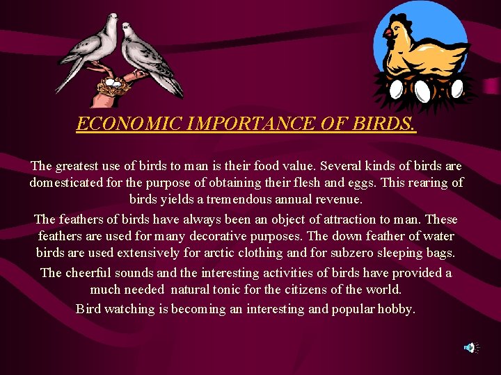 ECONOMIC IMPORTANCE OF BIRDS. The greatest use of birds to man is their food