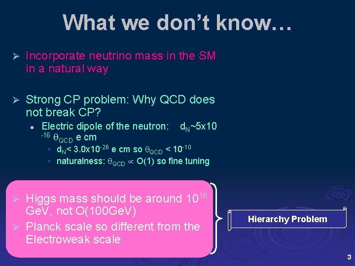 What we don’t know… Ø Incorporate neutrino mass in the SM in a natural