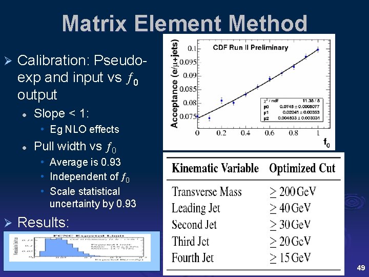 Matrix Element Method Ø Calibration: Pseudoexp and input vs 0 output l Slope <