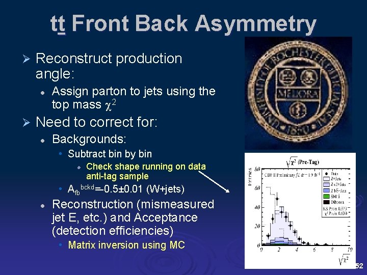 tt Front Back Asymmetry Ø Reconstruct production angle: l Ø Assign parton to jets