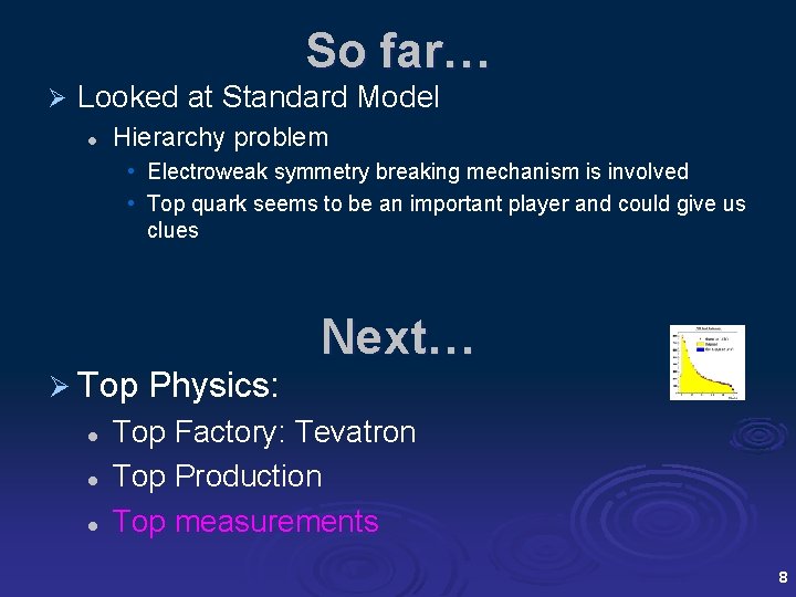 So far… Ø Looked at Standard Model l Hierarchy problem • Electroweak symmetry breaking