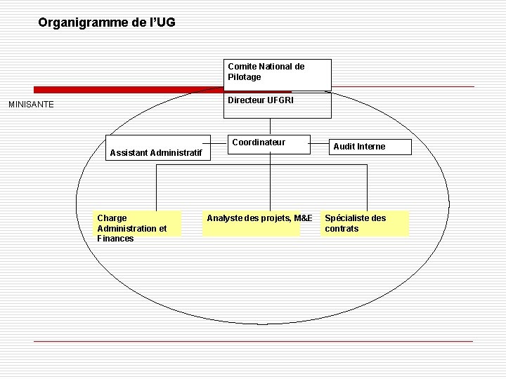 Organigramme de l’UG Comite National de Pilotage Directeur UFGRI MINISANTE Coordinateur Assistant Administratif Charge