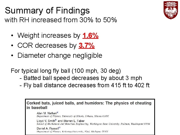 Summary of Findings with RH increased from 30% to 50% • Weight increases by