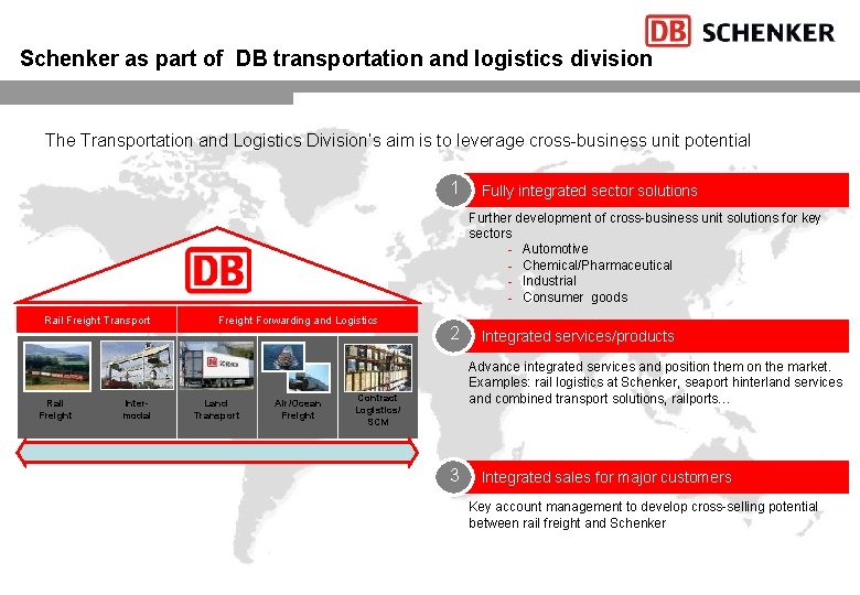Schenker as part of DB transportation and logistics division The Transportation and Logistics Division’s
