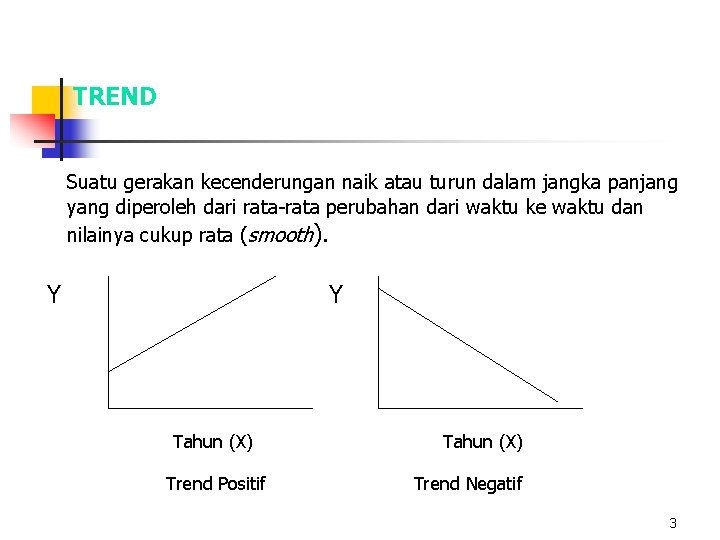 TREND Suatu gerakan kecenderungan naik atau turun dalam jangka panjang yang diperoleh dari rata-rata