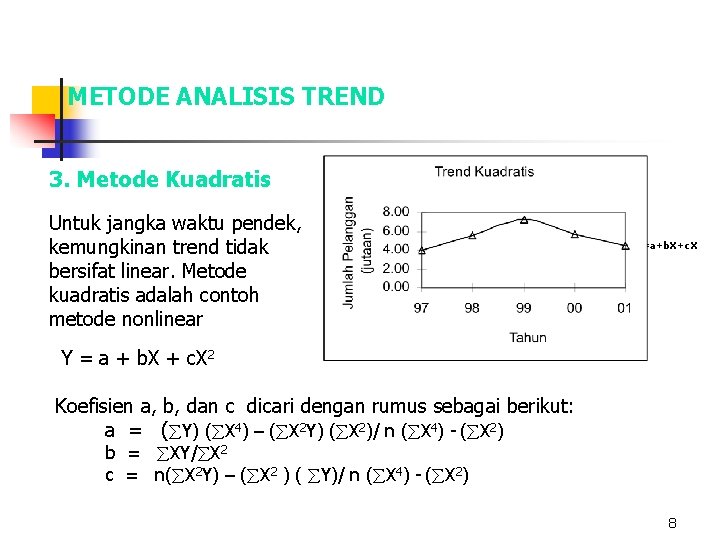 METODE ANALISIS TREND 3. Metode Kuadratis Untuk jangka waktu pendek, kemungkinan trend tidak bersifat