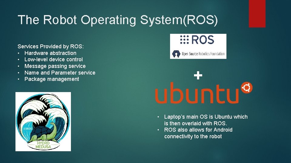 The Robot Operating System(ROS) Services Provided by ROS: • Hardware abstraction • Low-level device