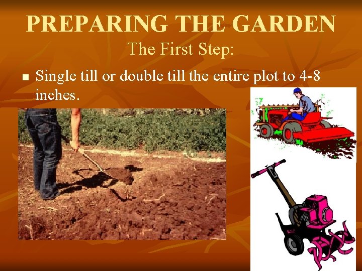 PREPARING THE GARDEN The First Step: n Single till or double till the entire