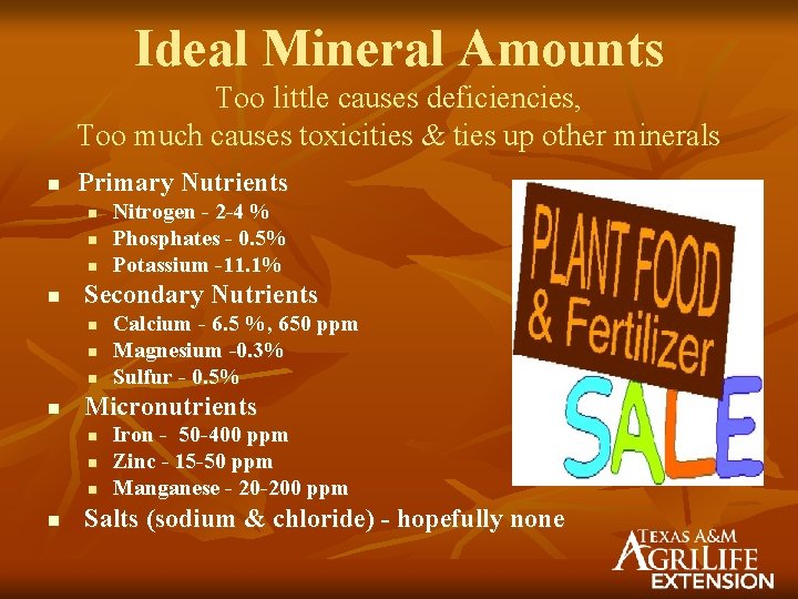 Ideal Mineral Amounts Too little causes deficiencies, Too much causes toxicities & ties up