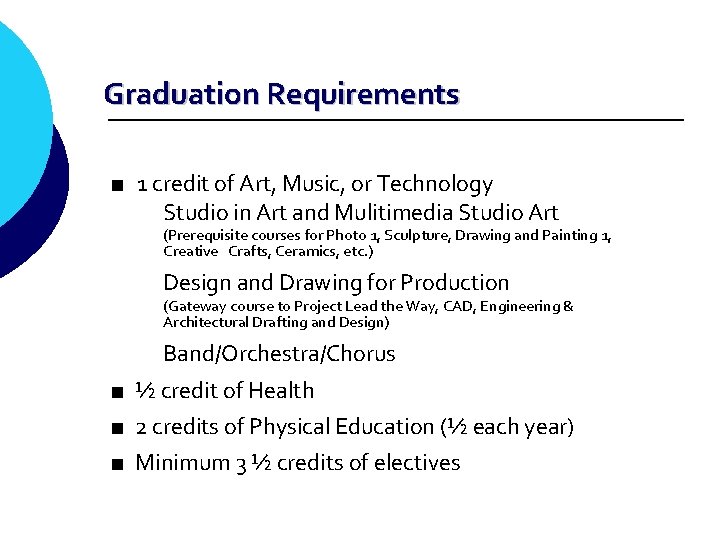 Graduation Requirements ■ 1 credit of Art, Music, or Technology Studio in Art and