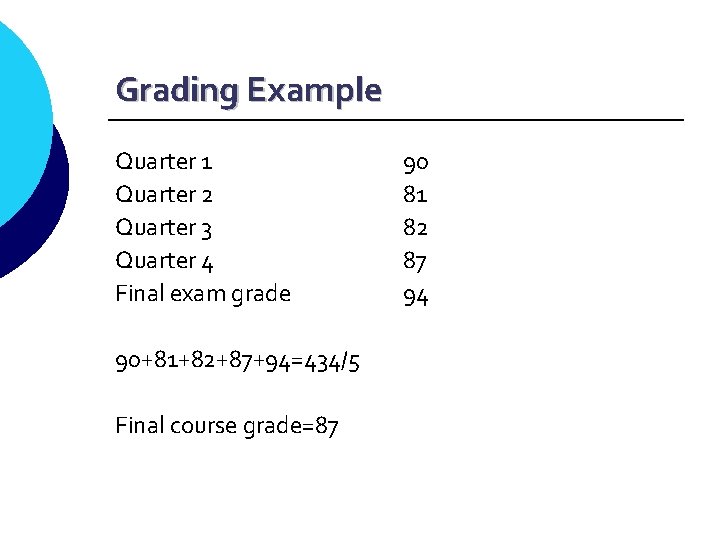 Grading Example Quarter 1 Quarter 2 Quarter 3 Quarter 4 Final exam grade 90+81+82+87+94=434/5