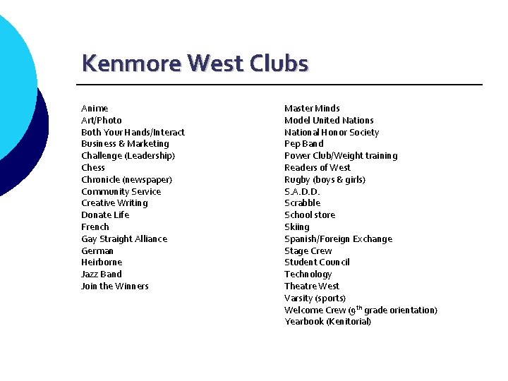 Kenmore West Clubs Anime Art/Photo Both Your Hands/Interact Business & Marketing Challenge (Leadership) Chess