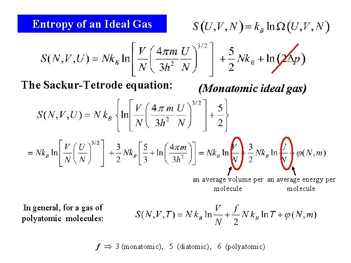 Entropy of an Ideal Gas The Sackur-Tetrode equation: (Monatomic ideal gas) an average volume