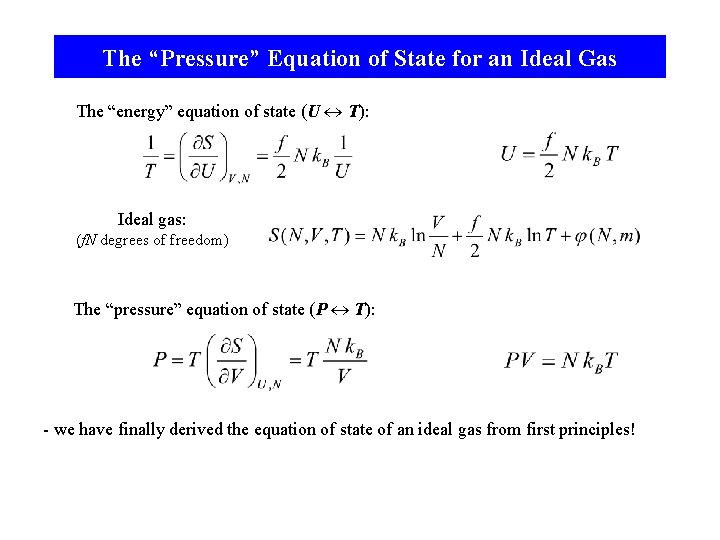 The “Pressure” Equation of State for an Ideal Gas The “energy” equation of state