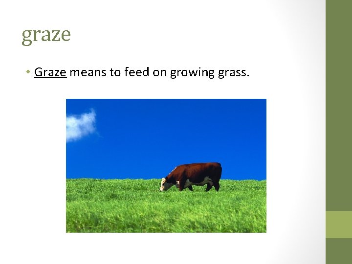 graze • Graze means to feed on growing grass. 