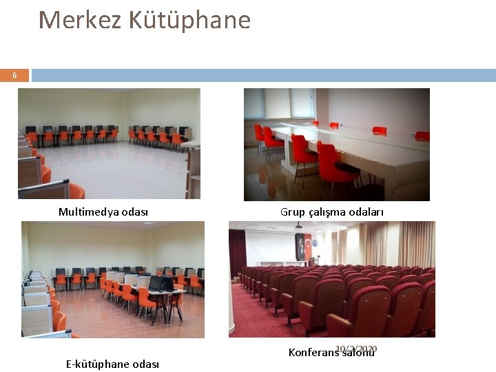 Merkez Kütüphane 6 Multimedya odası E-kütüphane odası Grup çalışma odaları 10/2/2020 Konferans salonu 