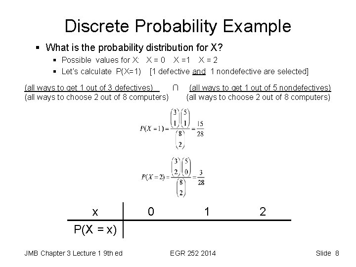 Discrete Probability Example § What is the probability distribution for X? § Possible values