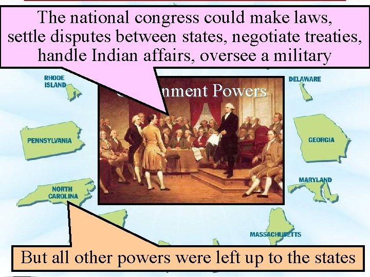 The national congress could make laws, settle disputes between states, negotiate treaties, handle Indian