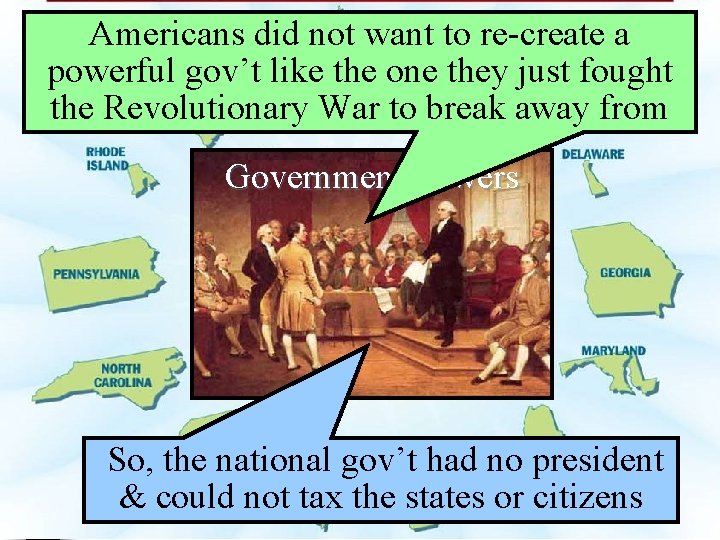 Americans did not want to re-create a powerful gov’t like the one they just