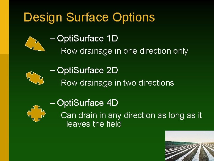 Design Surface Options – Opti. Surface 1 D Row drainage in one direction only