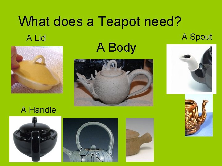 What does a Teapot need? A Lid A Handle A Body A Spout 