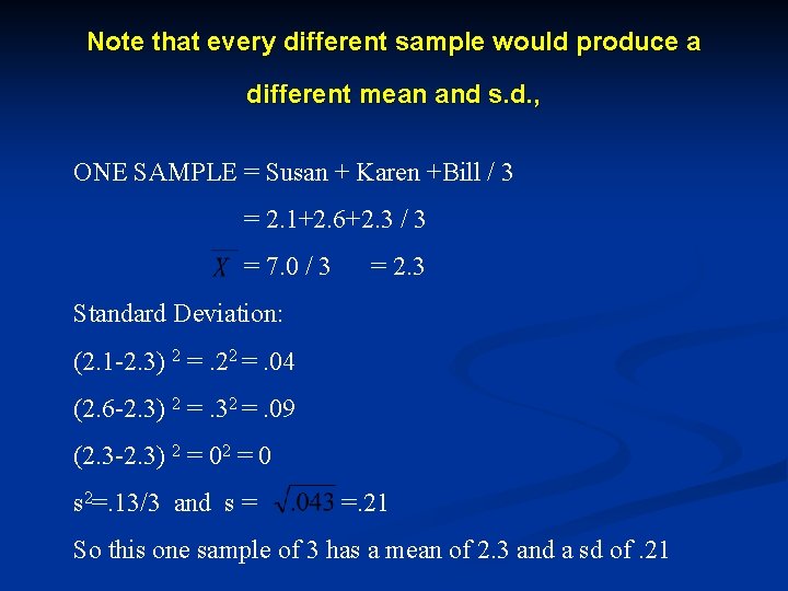 Note that every different sample would produce a different mean and s. d. ,