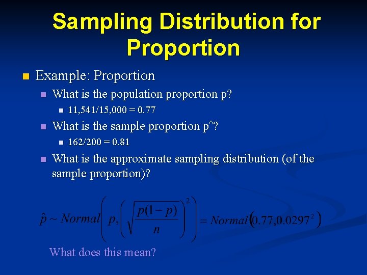 Sampling Distribution for Proportion n Example: Proportion n What is the population proportion p?